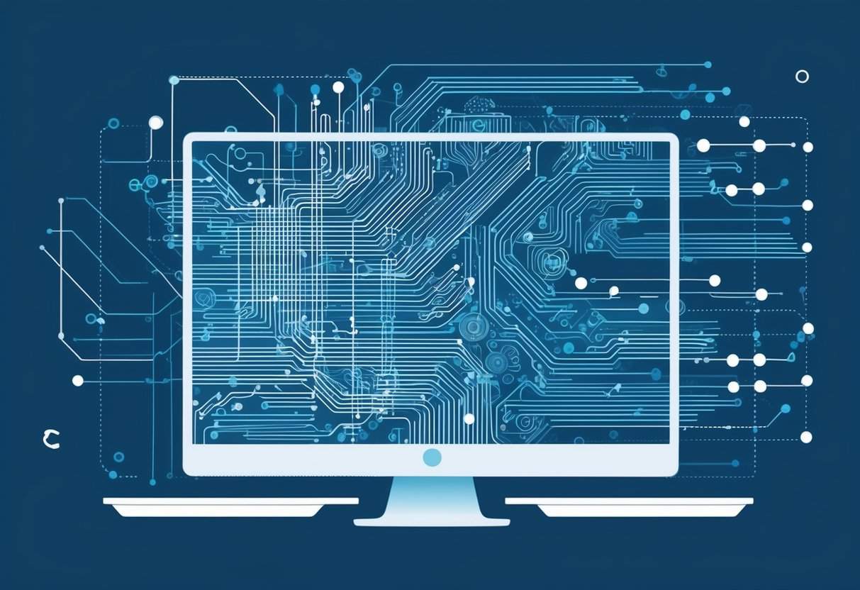 A computer screen displaying intricate data patterns, with lines and shapes representing spam detection algorithms at work