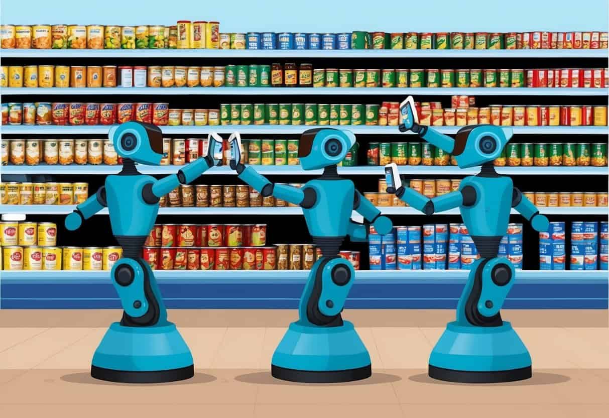 A group of robots scanning shelves of canned goods in a grocery store
