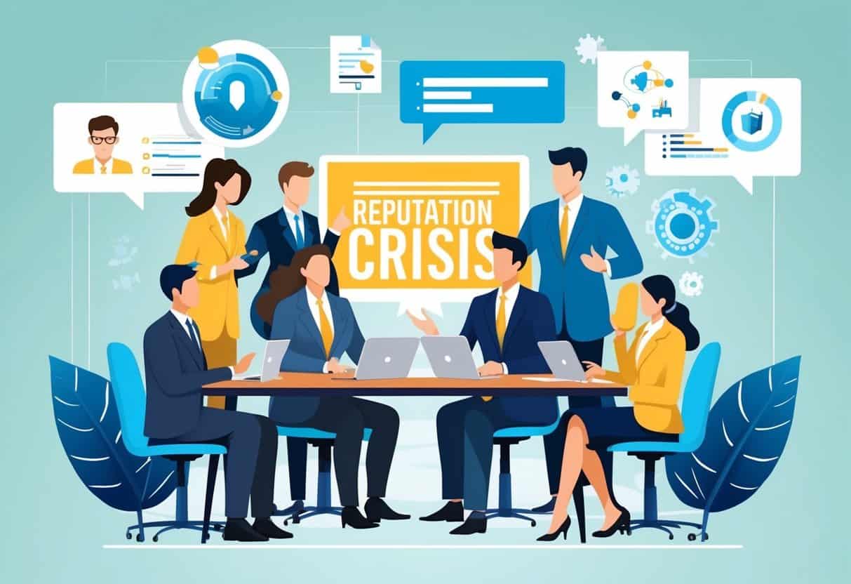 A team of professionals strategizing and communicating to manage a reputation crisis