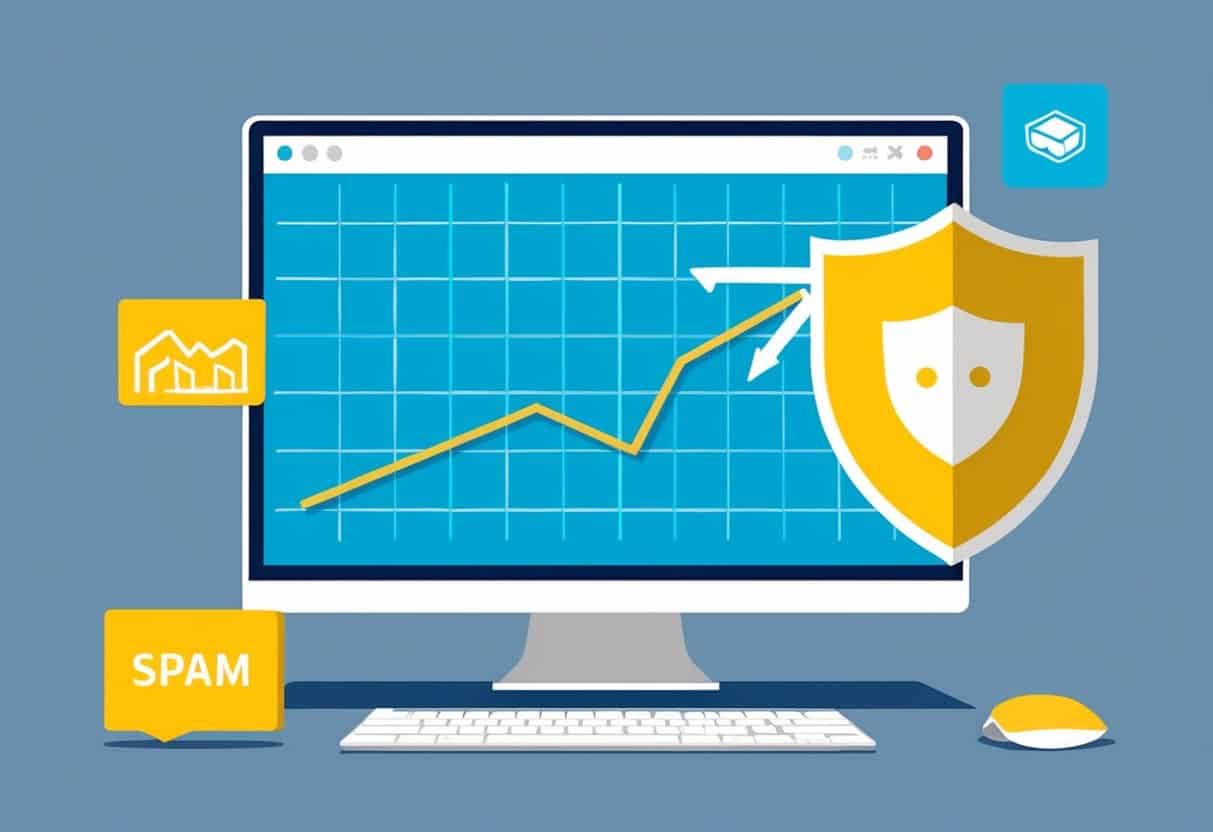 A computer screen displaying a graph with a downward trend, while a shield symbol deflects spam icons
