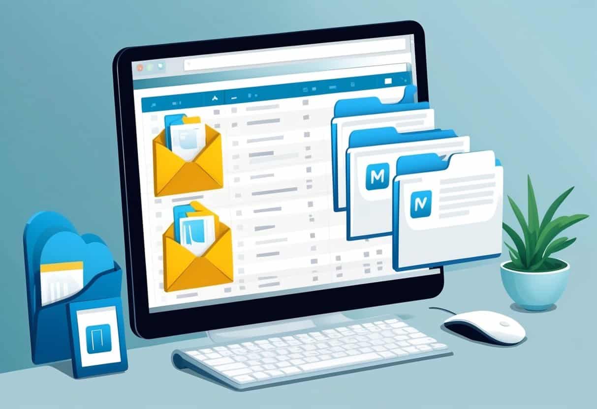 A computer screen displaying incoming emails being sorted into different folders based on filtering techniques
