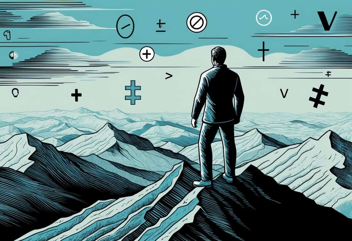 A figure standing on a mountain peak, surveying a vast landscape with a mix of positive and negative symbols