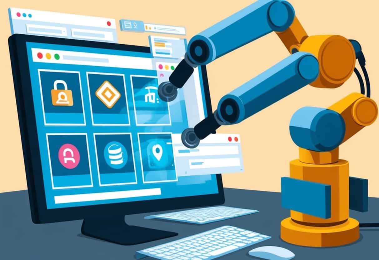 A computer screen displaying various symbols being sorted and filtered by a robotic arm
