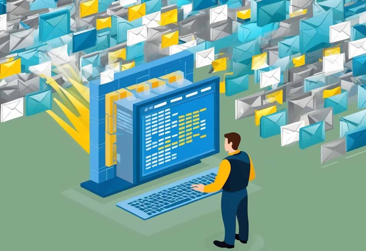 A computer firewall blocking a flood of spam emails from entering a network