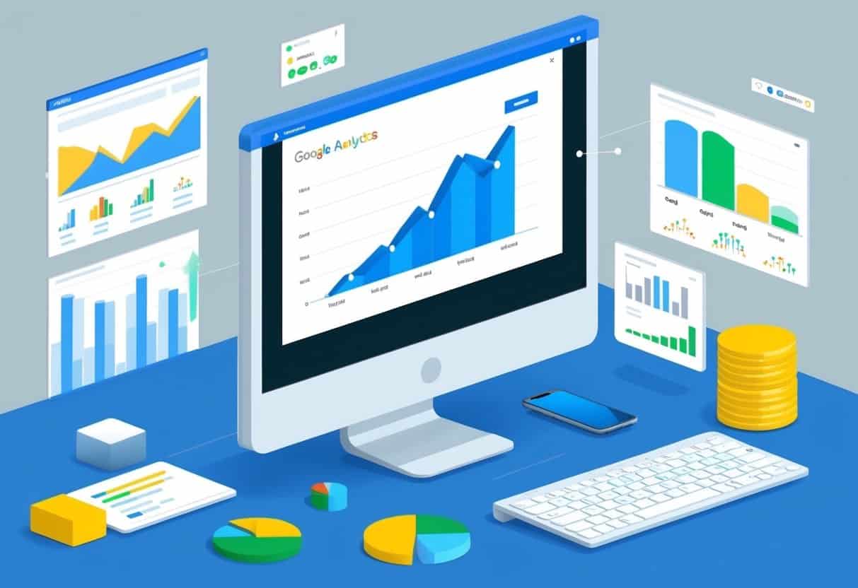 A computer monitor displaying Google Analytics with a graph showing a sudden spike in traffic, surrounded by various charts and data