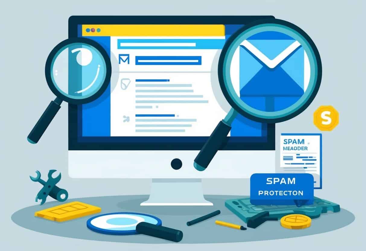 A computer screen displaying an email header with a magnifying glass and forensic tools scattered around