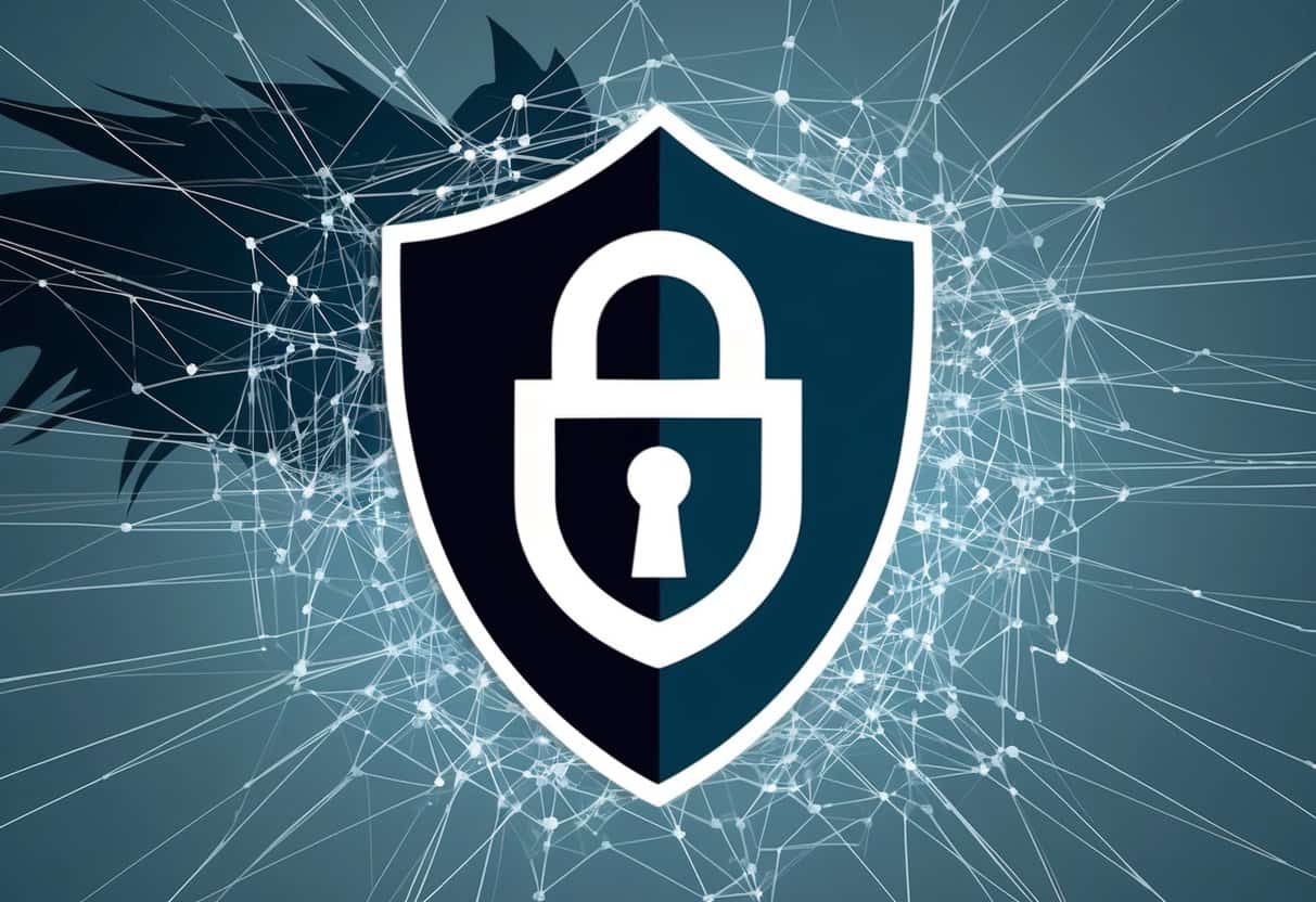 A shield with a lock symbol surrounded by a web of interconnected lines, with a menacing shadow looming in the background