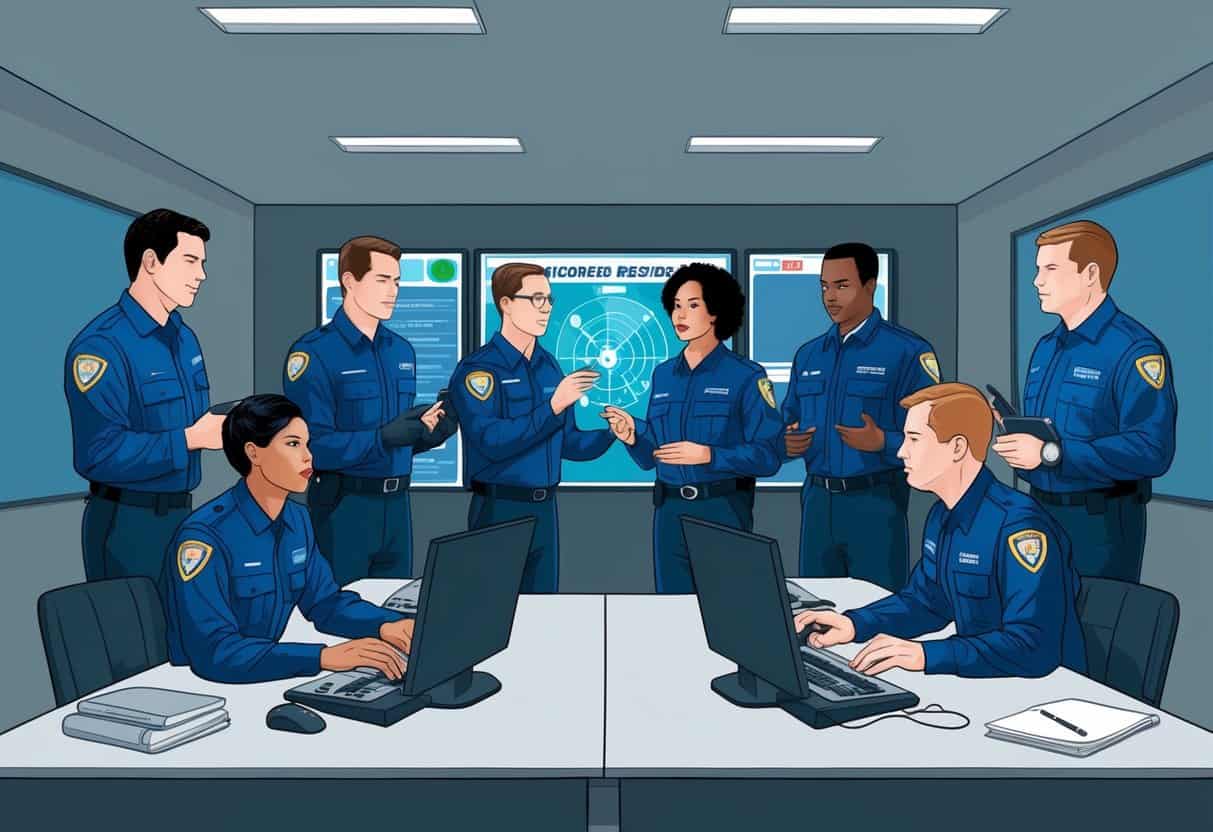 A team of responders coordinating in a control room during an incident response simulation