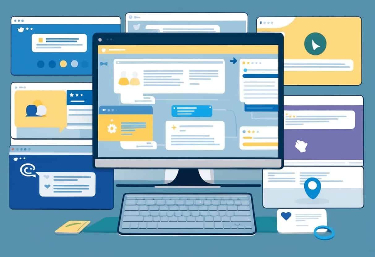 A computer screen displaying various social media platforms and review websites, with positive and negative comments being monitored and managed