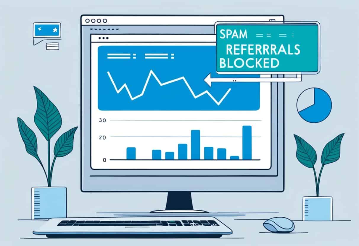 A computer screen displaying a graph of website traffic with a highlighted section indicating spam referrals being blocked