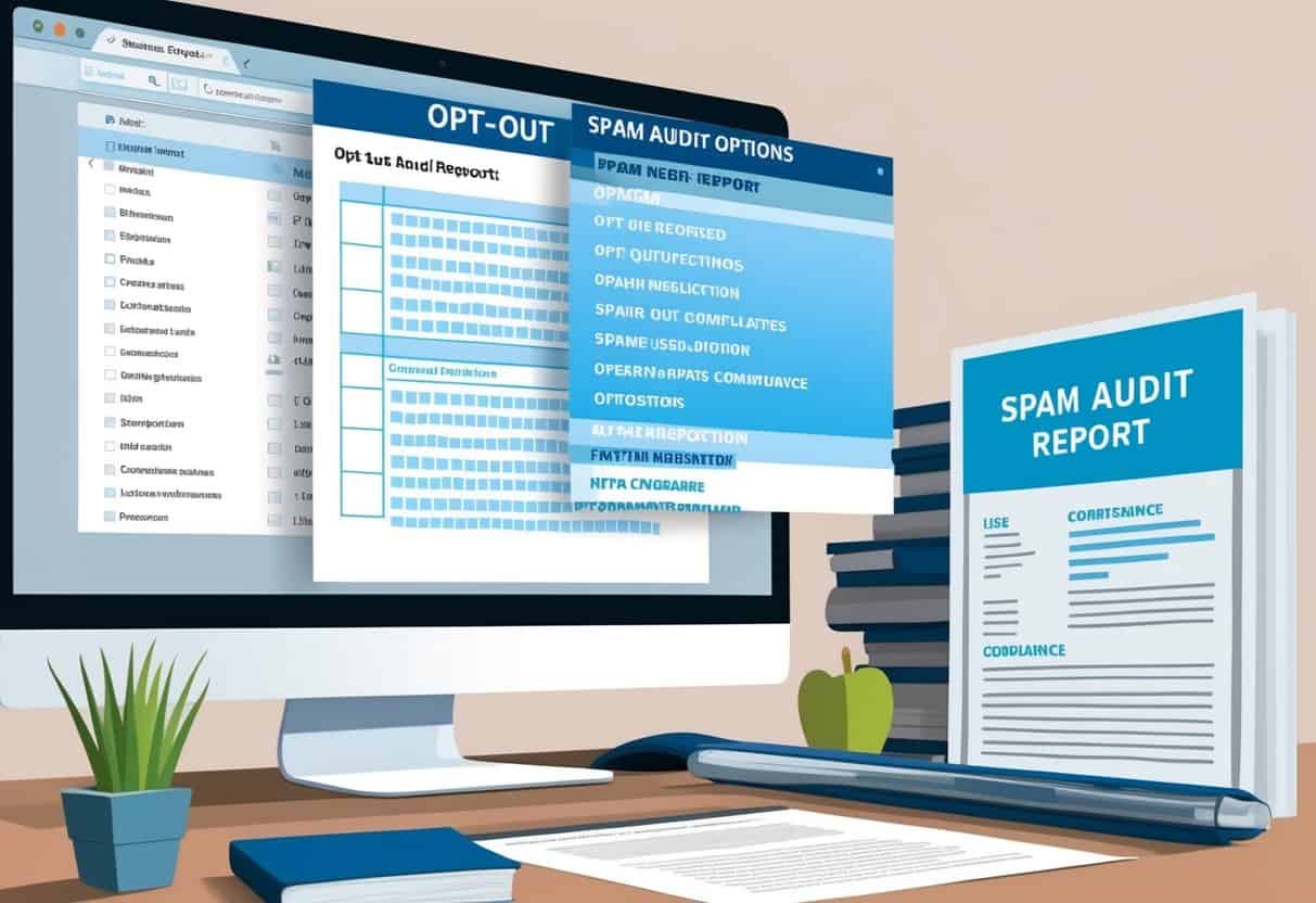 A computer screen displaying a list of opt-out options with a spam audit report and compliance documents nearby