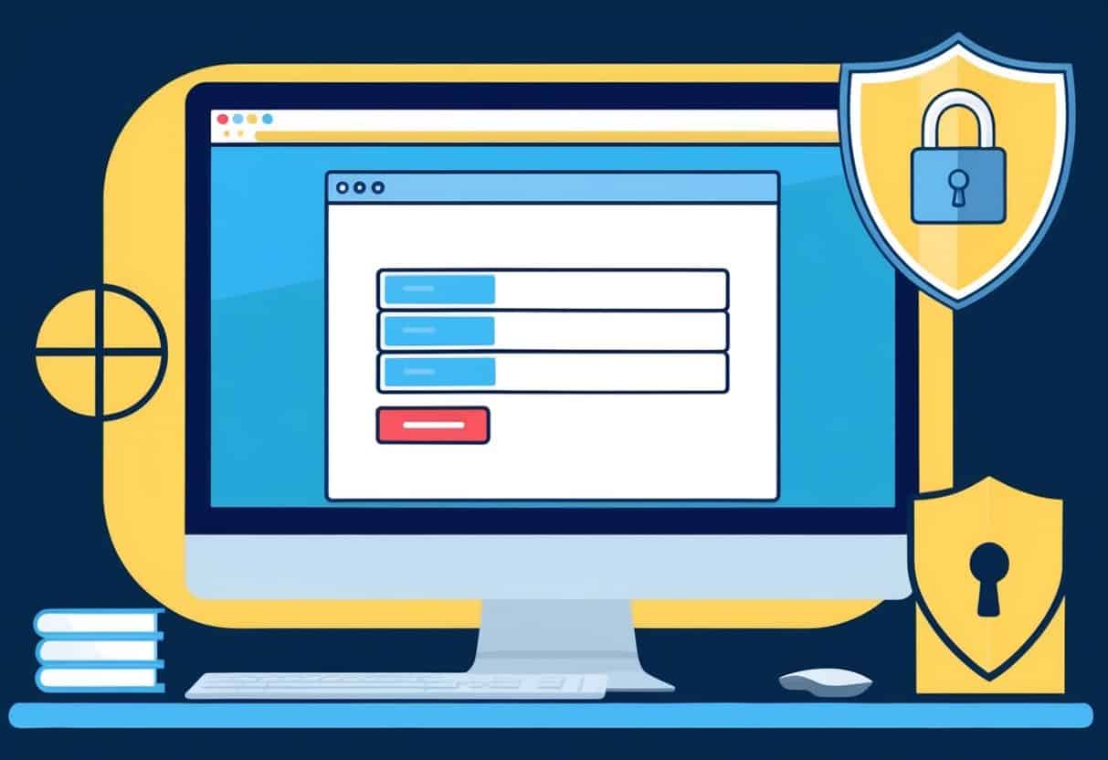A computer screen displaying a website form with a spam prevention system, surrounded by a shield with a lock symbol