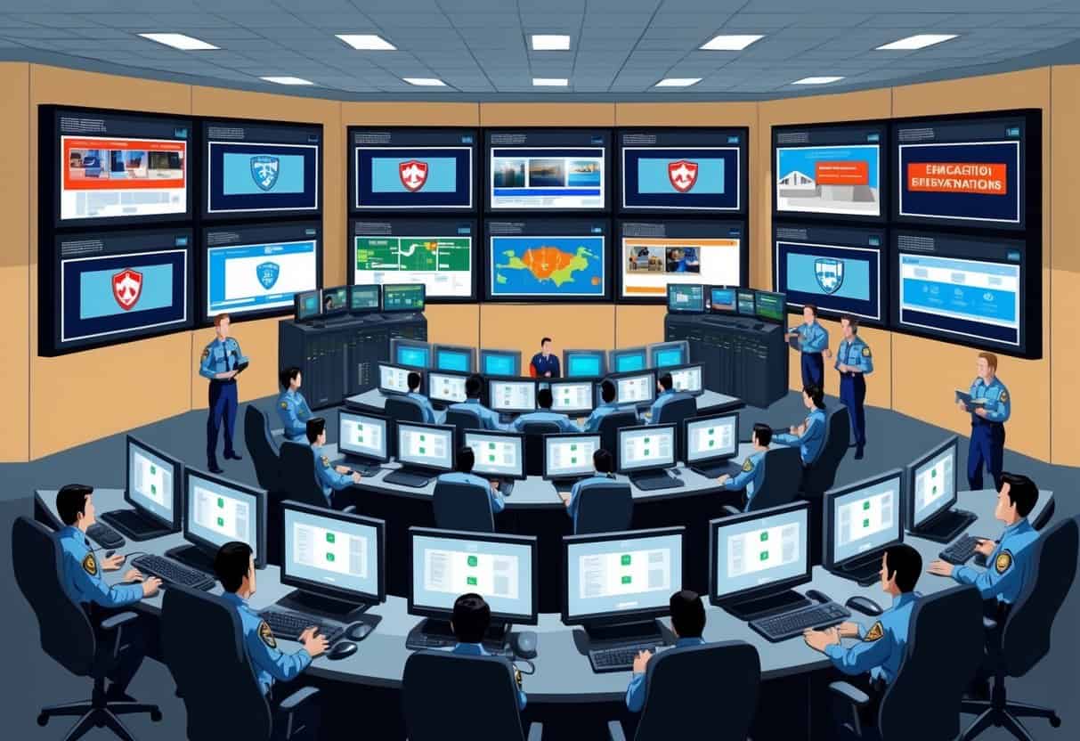 A control room with multiple screens displaying various emergency situations, surrounded by communication equipment and a team of responders coordinating their actions