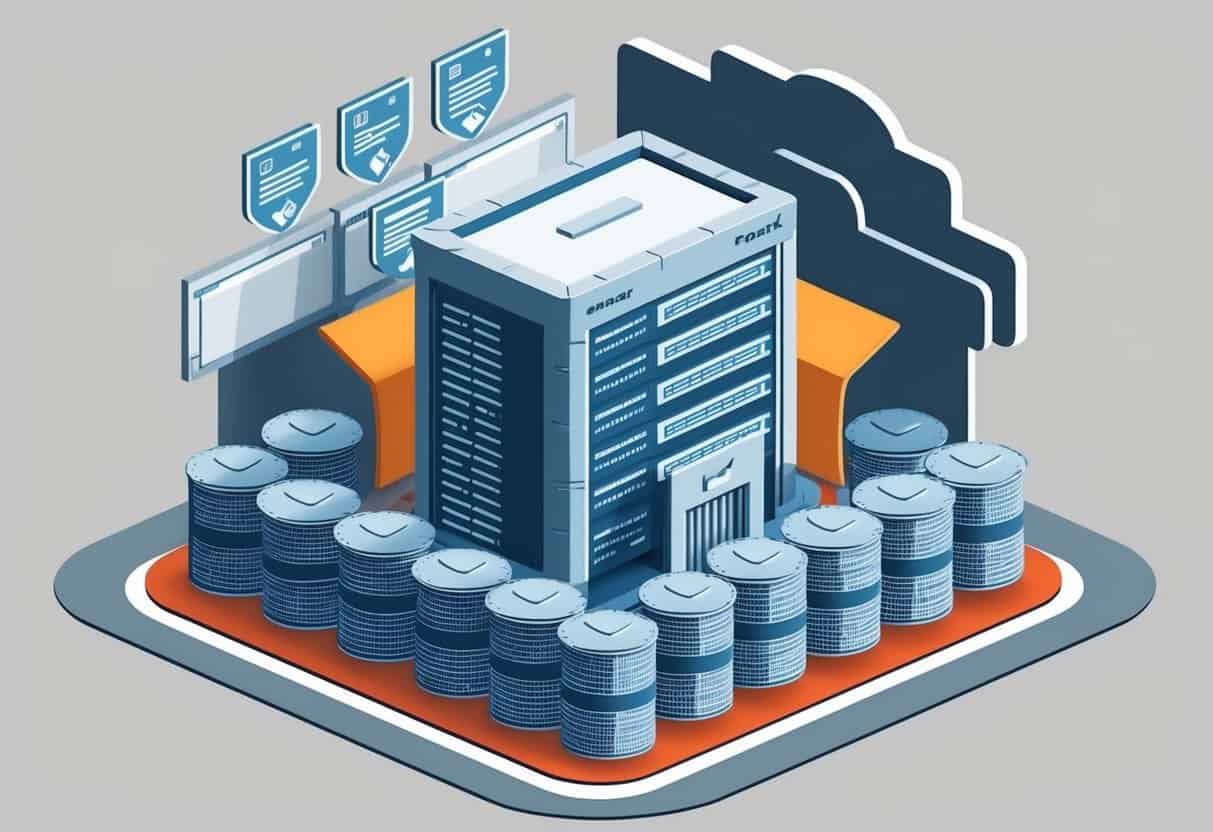 A fortress-like email server surrounded by layers of protective shields
