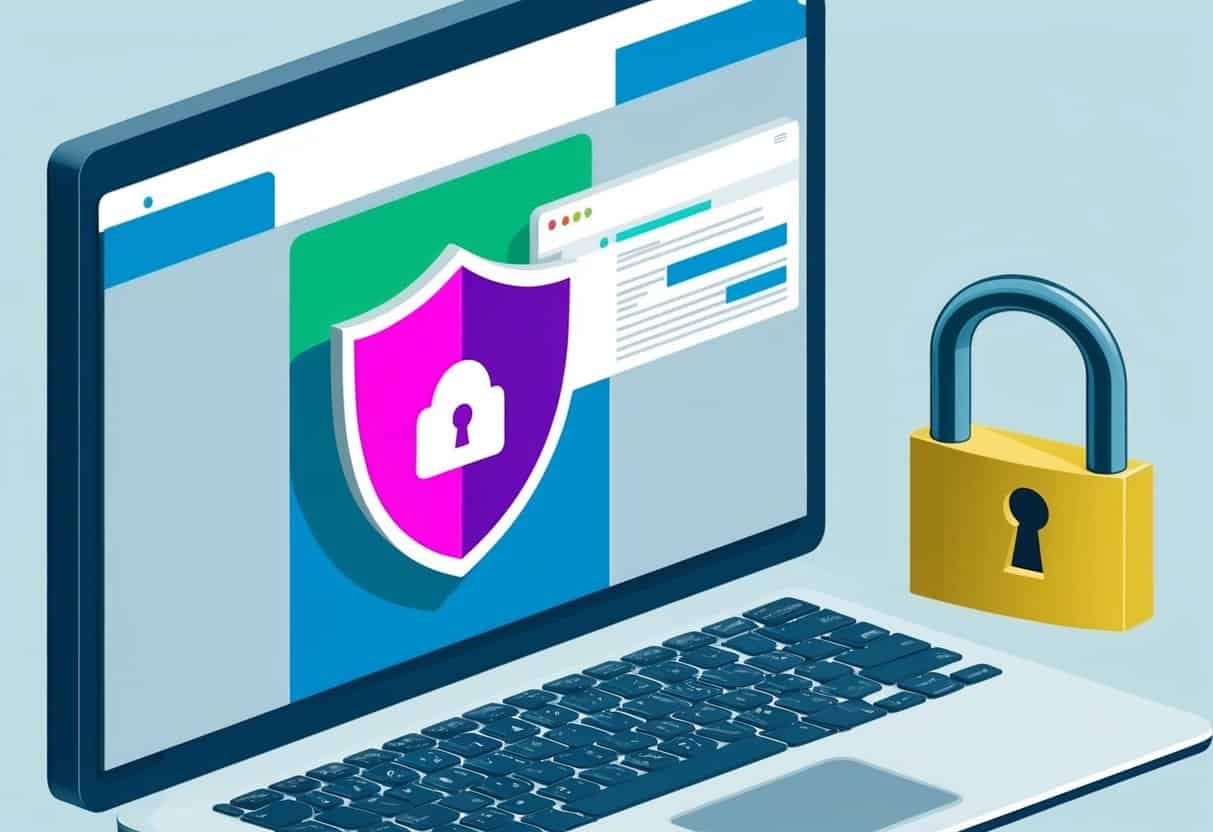 A computer screen with a shield icon blocking spam emails and a lock symbol securing a website from spam