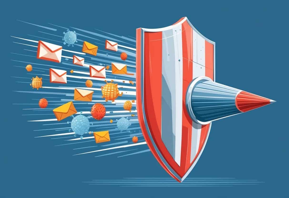 A shield deflecting a barrage of spam emails and viruses