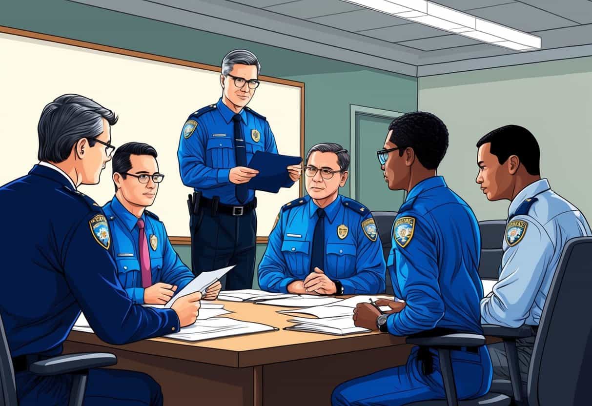 A group of officials reviewing and enforcing community safety and standards policies in a meeting room