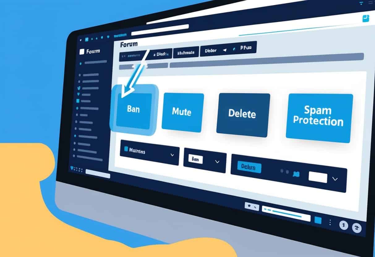 A computer screen displaying a forum interface with various moderation tools such as ban, mute, and delete buttons. A hand cursor hovers over the options
