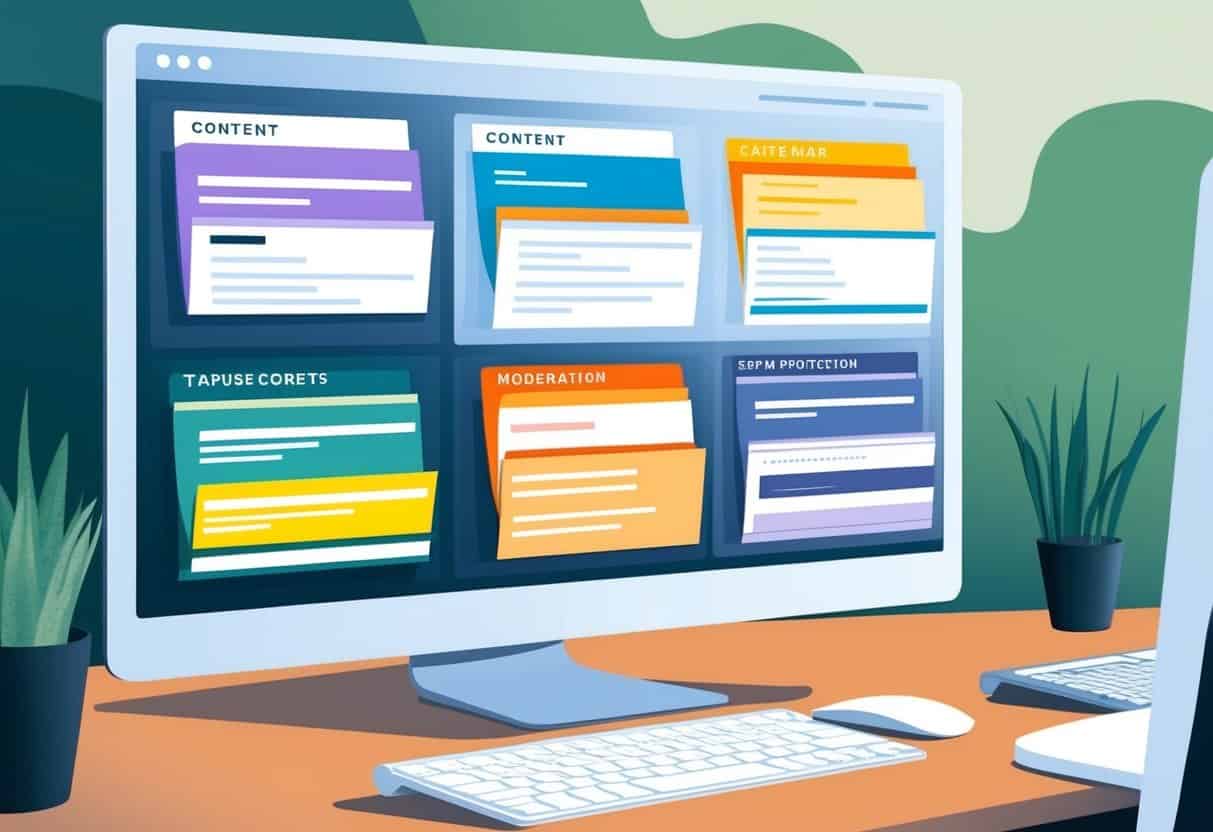 A computer screen displaying various content types being sorted into different categories for moderation