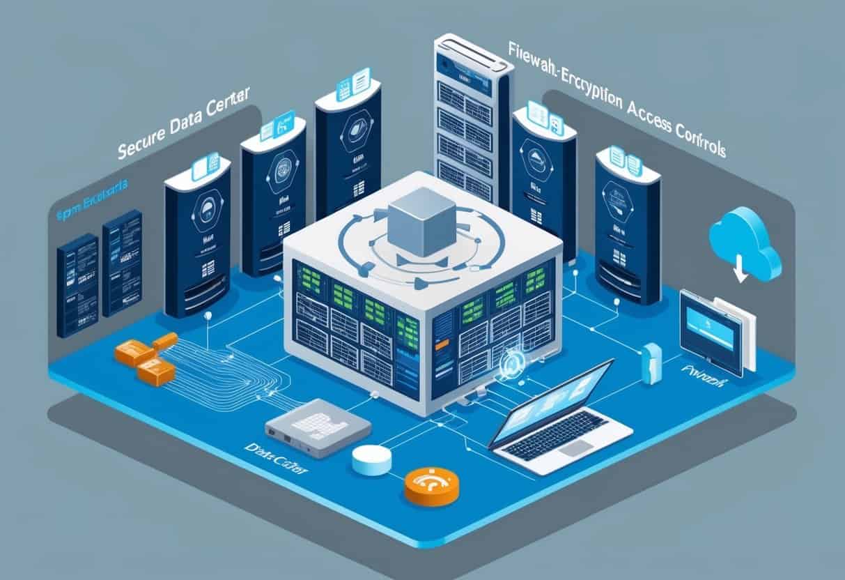 A secure data center with firewalls, encryption, and access controls