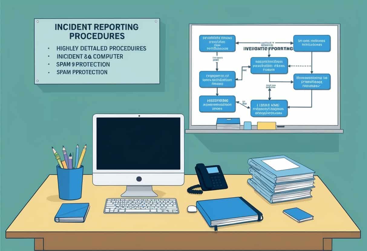 A desk with a computer, phone, and notebook. A wall-mounted whiteboard displays a flowchart of incident reporting procedures