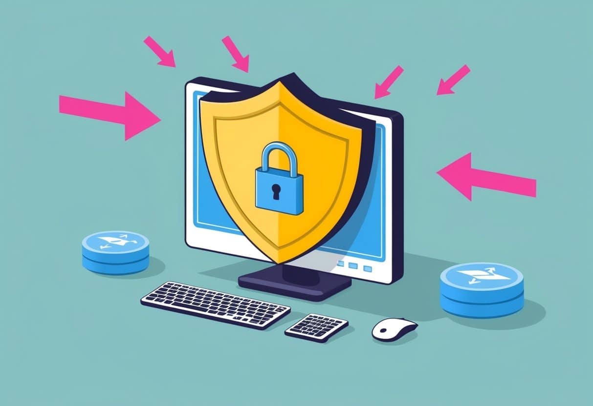 A computer surrounded by a shield with a lock, while arrows representing harmful downloads are deflected away