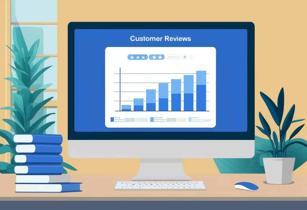 A computer screen displaying a graph of customer reviews with AI algorithms analyzing data