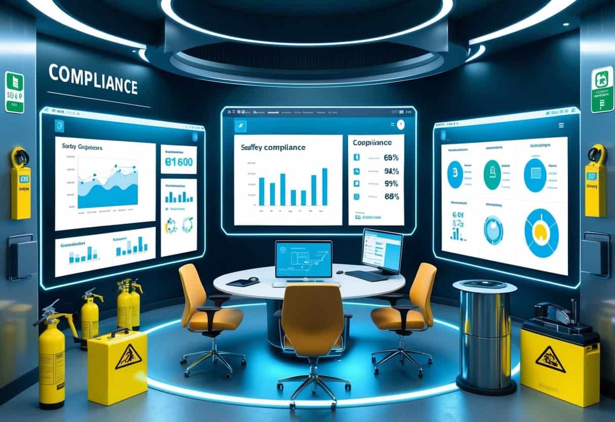 A futuristic office setting with a digital interface displaying safety compliance data and charts, surrounded by modern safety equipment and signage