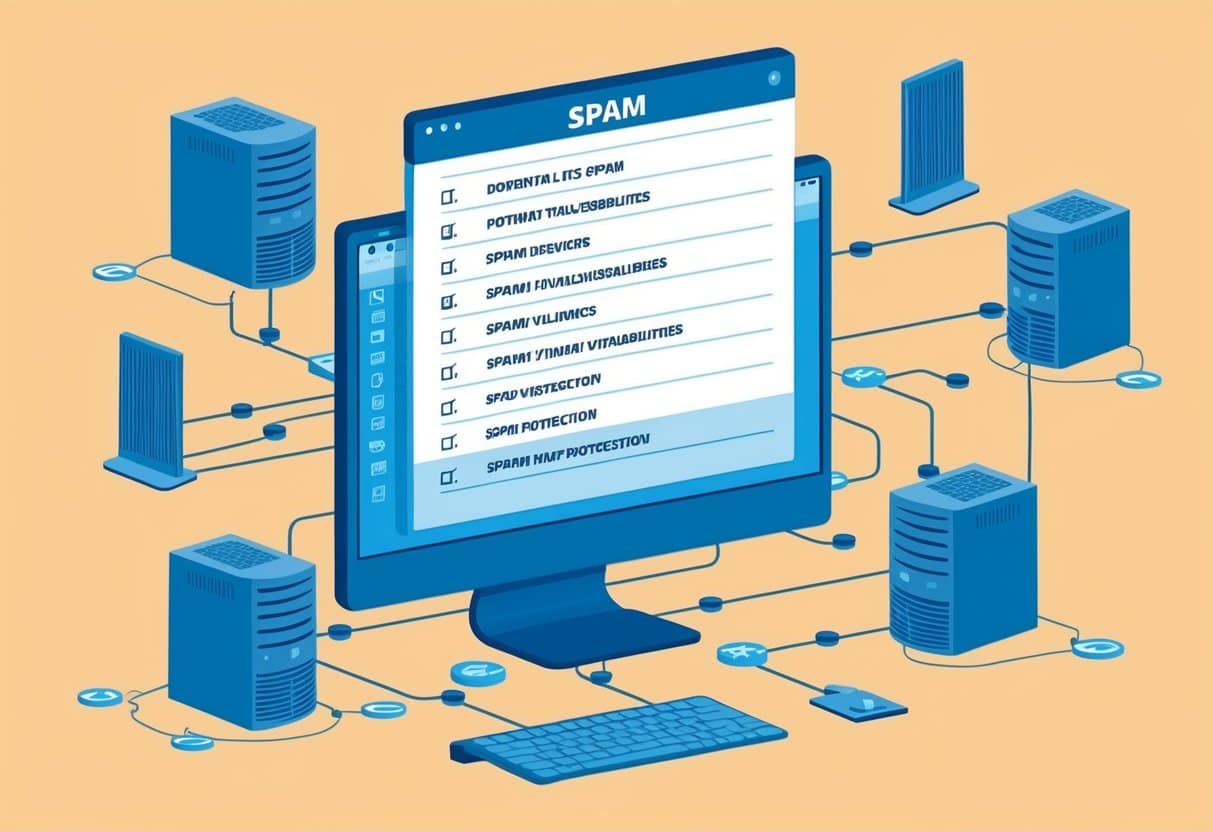 A computer screen displaying a list of potential spam vulnerabilities, surrounded by a network of interconnected devices