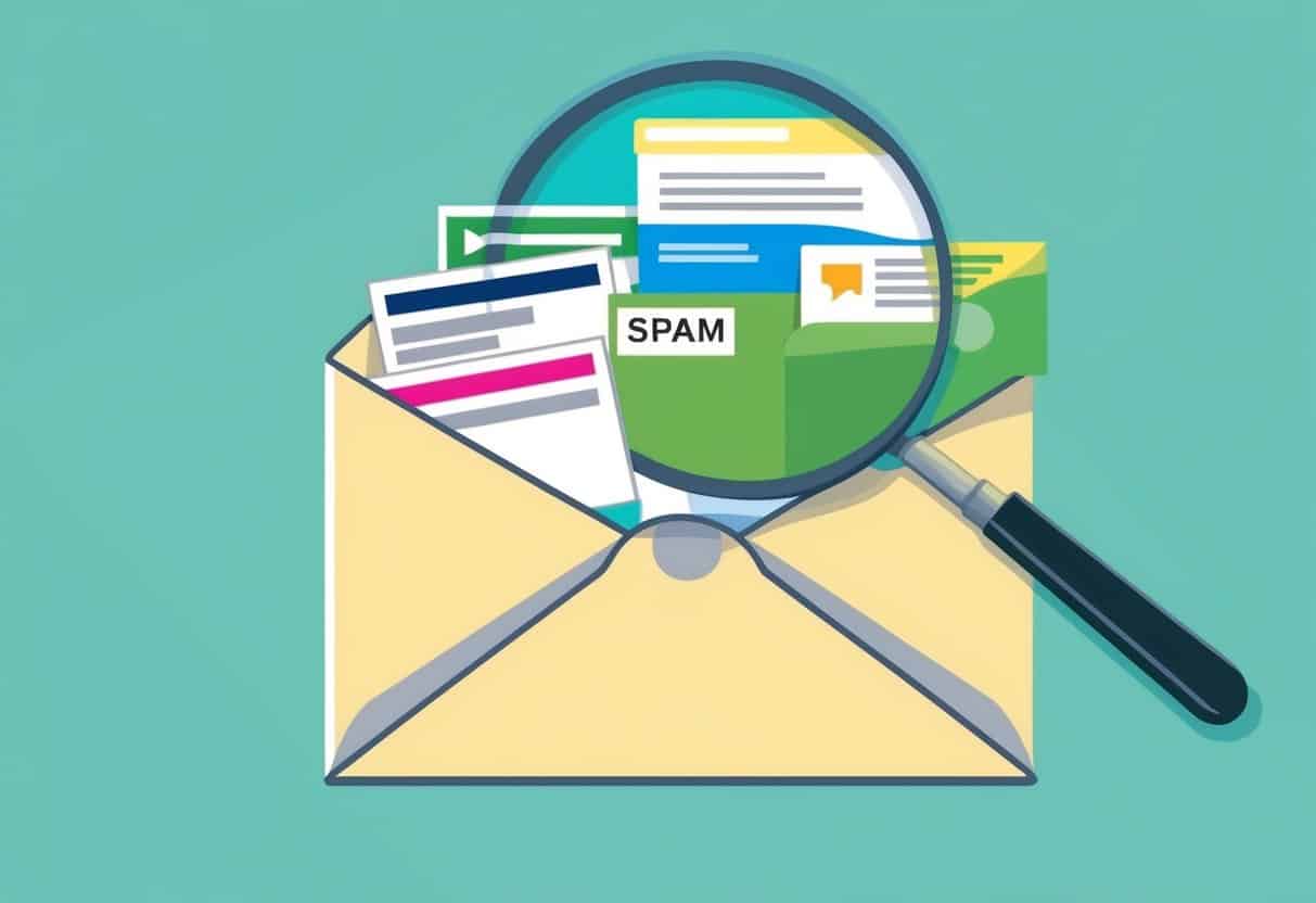 An open envelope with a magnifying glass hovering over it, revealing a mix of legitimate and spam emails