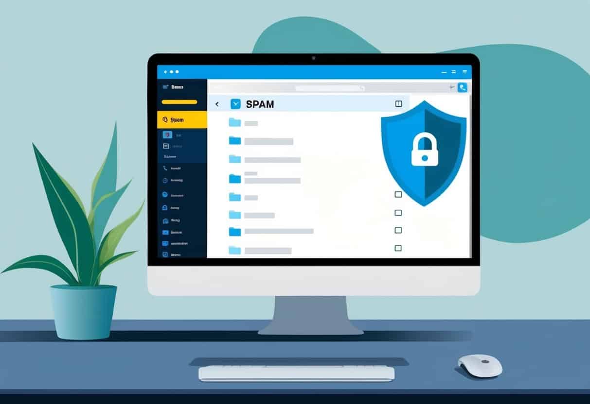 A computer screen displaying an organized inbox with a spam folder highlighted and a shield icon representing email security