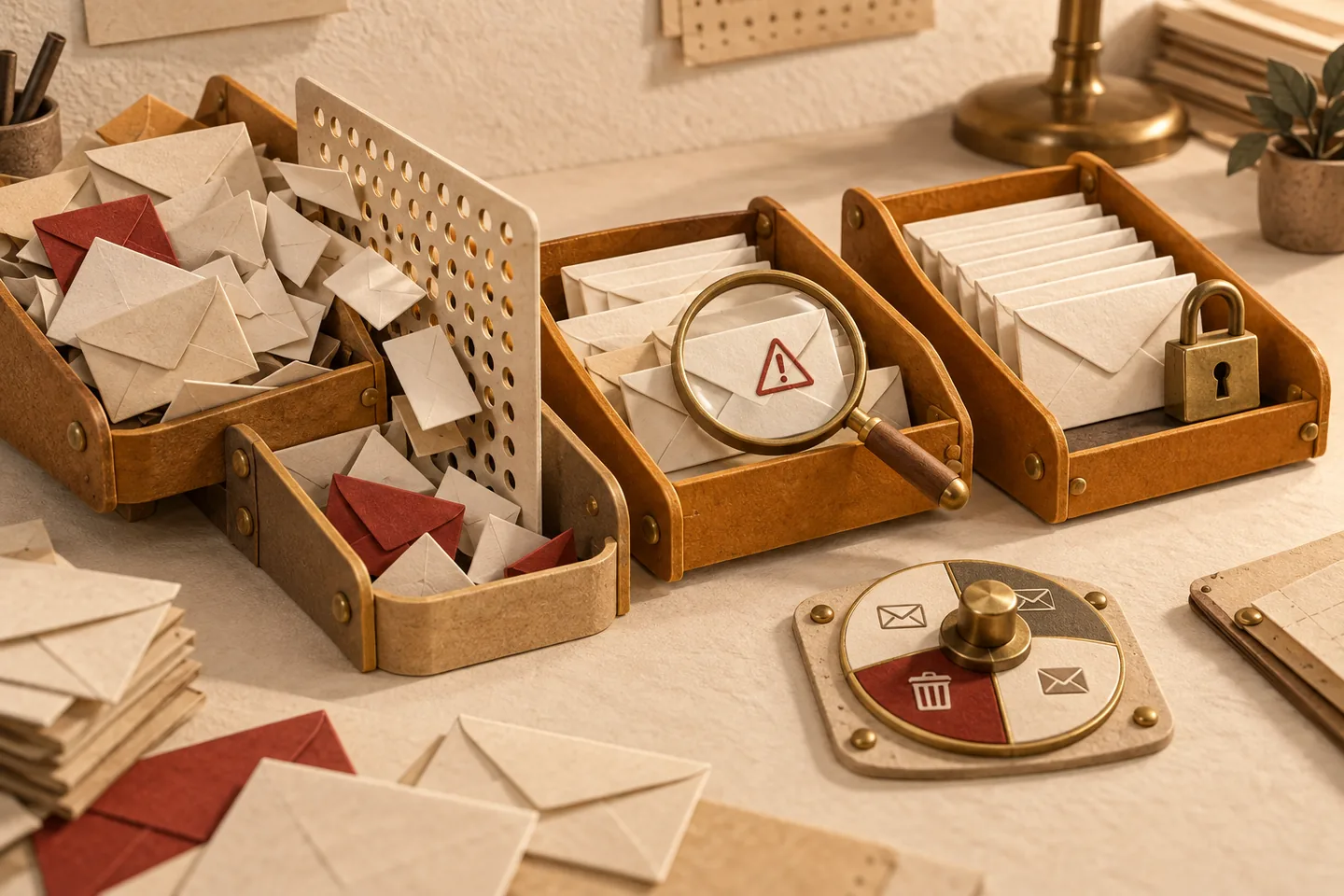 Cream paper envelopes sorted through amber trays, with a perforated filter, a magnifying glass over a warning symbol, and a padlock beside orderly mail.