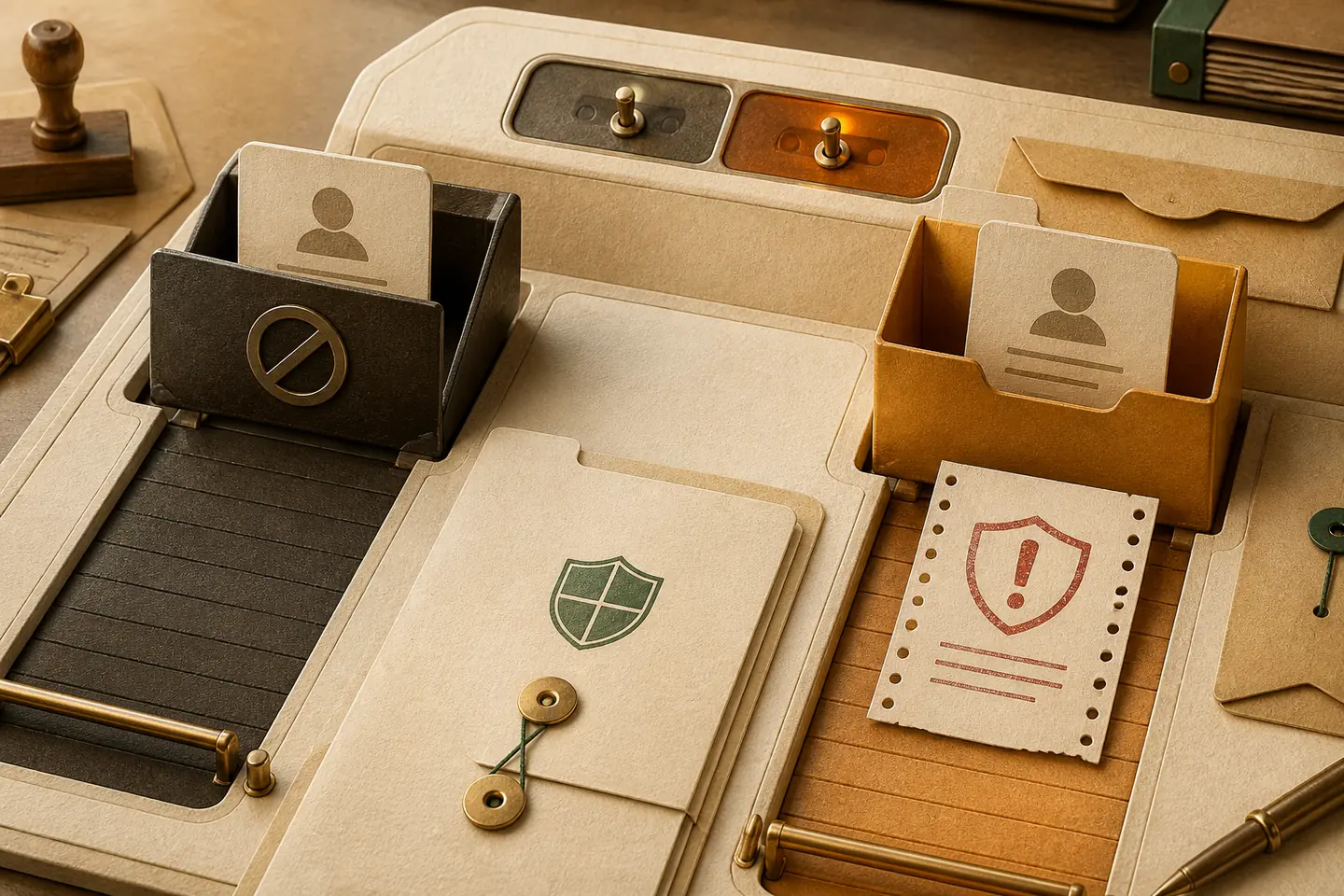 Warm paper mail-sorting console with one anonymous account card isolated behind a block symbol and another routed with a perforated warning ticket for review.