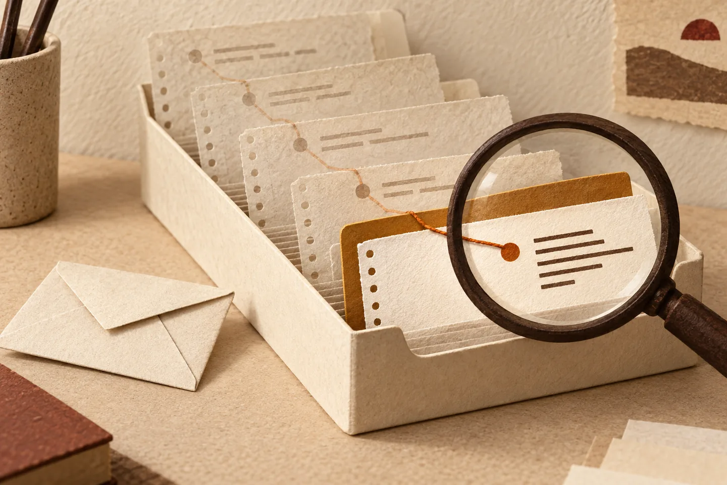 Paper email-header records linked by an amber thread in a cream sorting tray, with a magnifying glass examining the final record beyond an amber divider.