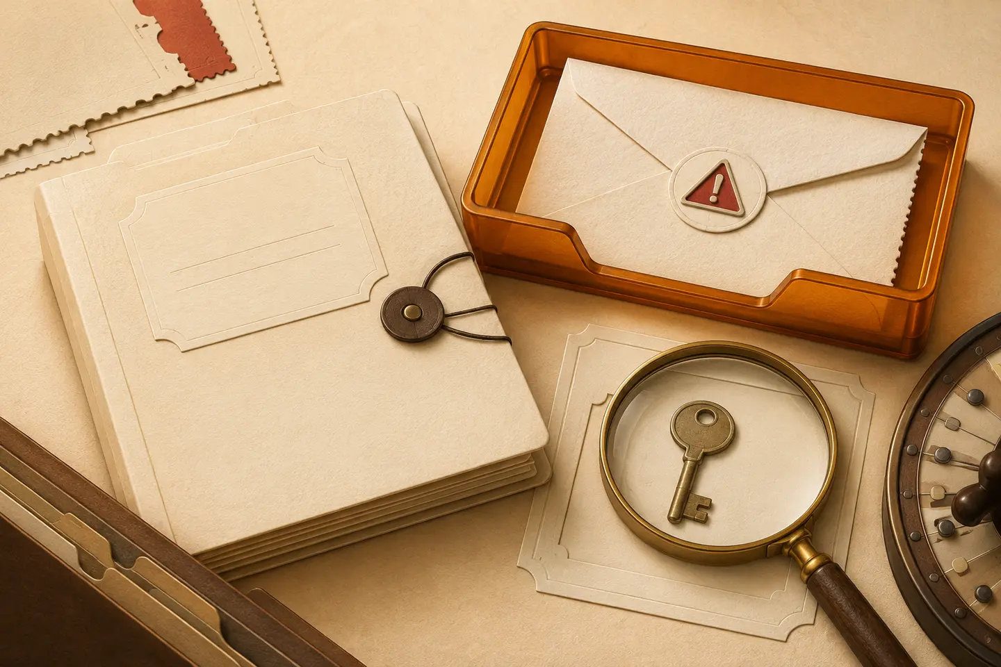Illustrated cream paper case file beside an amber tray holding a warning-marked envelope, with a brass key beneath a magnifying glass.