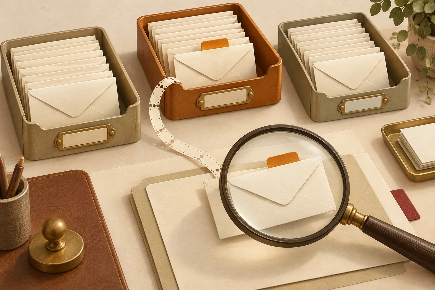 An amber-tabbed envelope under a magnifying glass on a cream case file, connected by a perforated paper trail to mail-sorting trays.