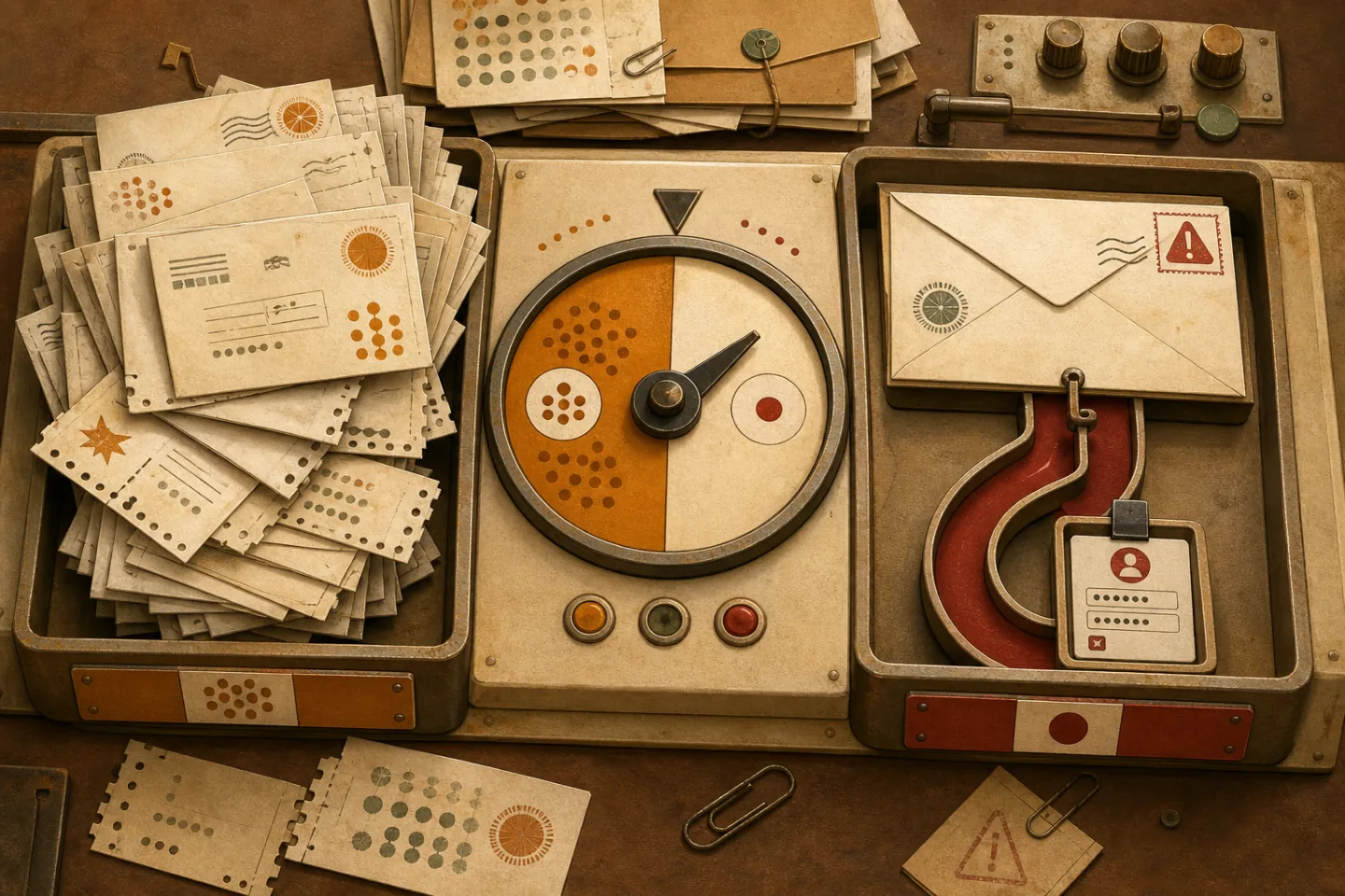 A warm tactile mail-sorting console separates a crowded tray of repetitive promotional envelopes from a single deceptive envelope routed toward a red hook and credential card.