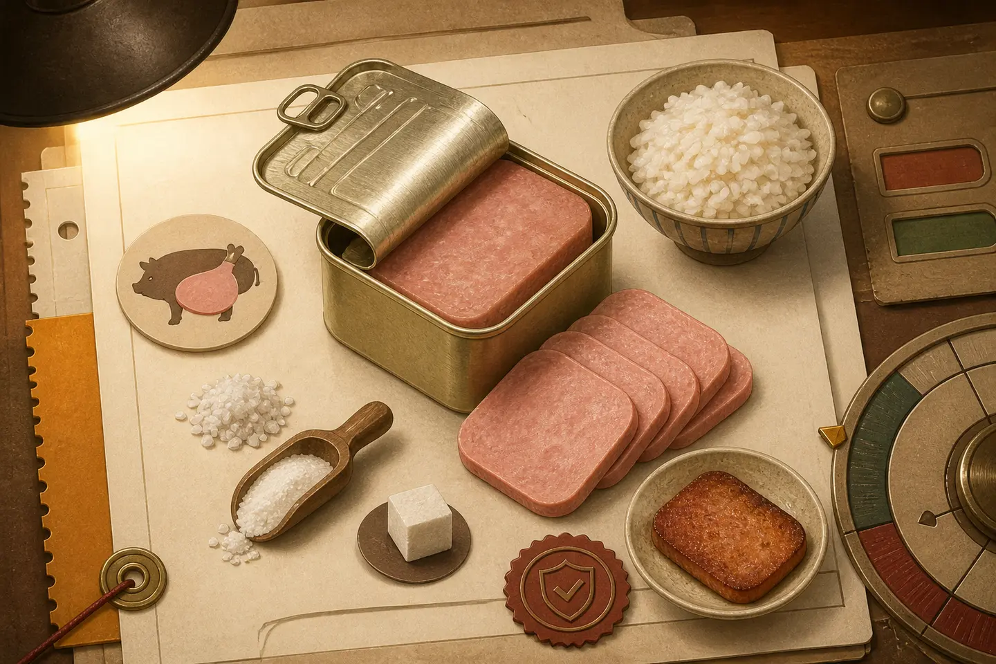 Unbranded canned luncheon meat, sliced and browned beside rice and ingredient tokens on a warm cream case-file desk.